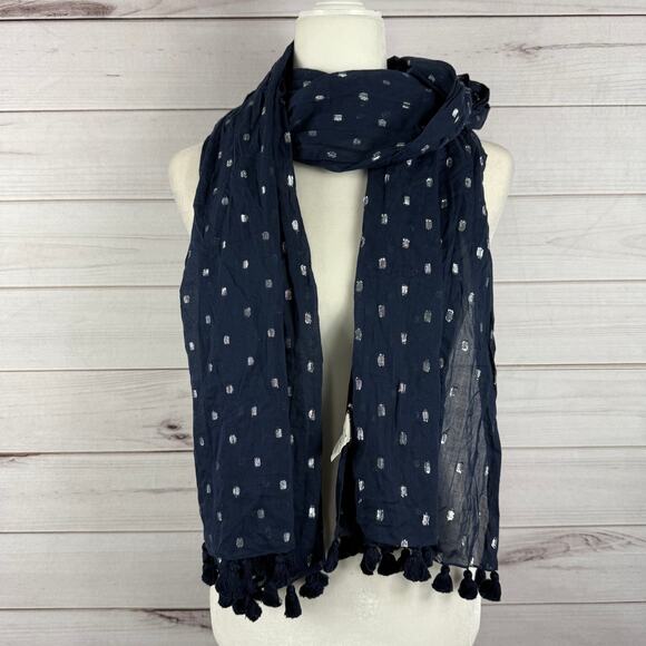 J. Crew Accessories - J. Crew Navy Blue‎ Scarf Metallic Polka Dot Pom One Size